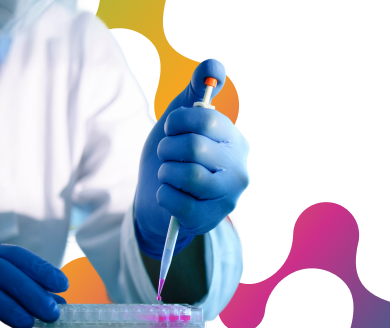 A gloved hand holding a pipette with a pink liquid, over a lab tray.