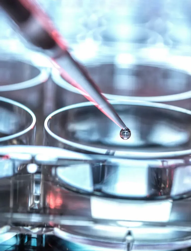 Close-up of a pipette with a droplet over a multi-well plate.